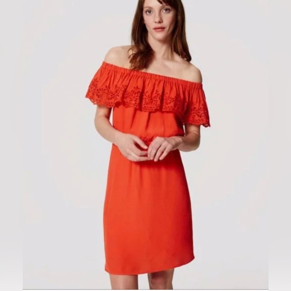 Ann Taylor LOFT | Red Orange Off-Shoulder Eyelet Embroidered Sun Dress Medium